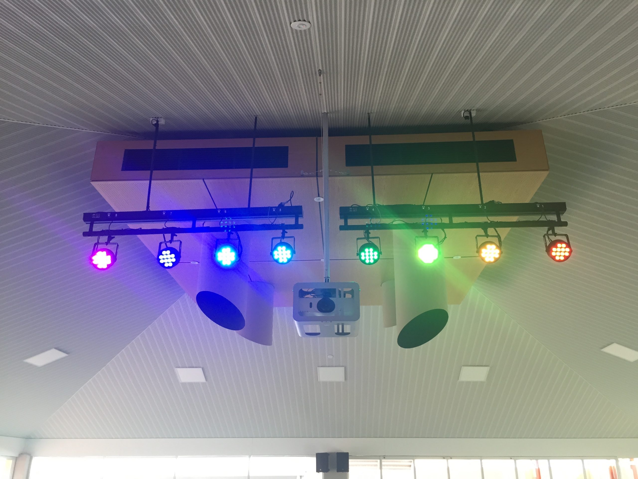 School Stage Lighting solution - 8 x Colour RGB LED's + 2 x Fresnel & Pemium Scene Controller